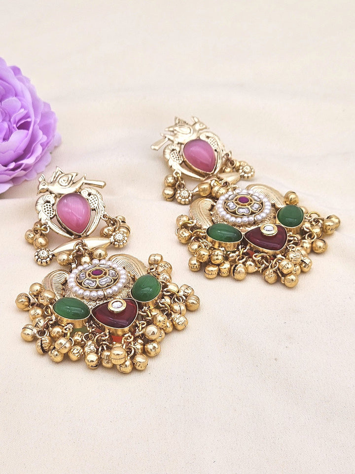 Stunning Antique Gold Pink Monalisa-Multi Color Glass Stones-Pearl  Fancy Dangle Earrings