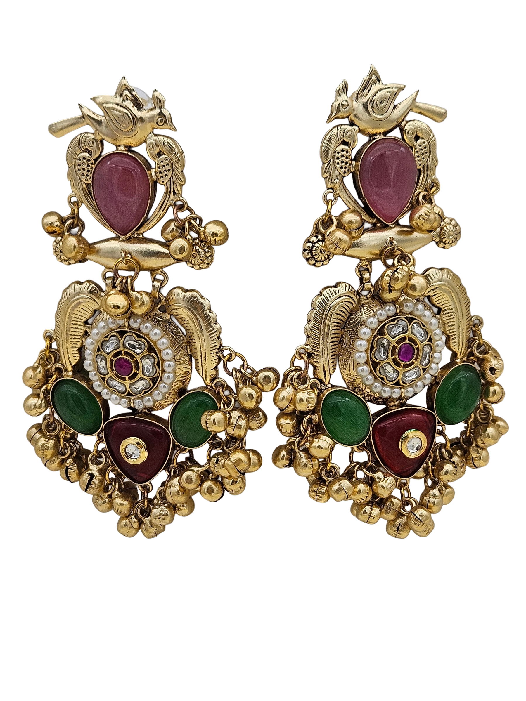Stunning Antique Gold Pink Monalisa-Multi Color Glass Stones-Pearl  Fancy Dangle Earrings