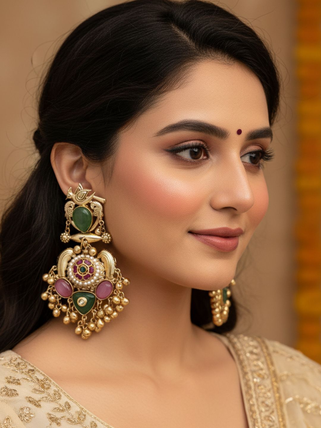 Stunning Antique Gold Light Green Glass-Multi Color Glass Stones-Pearl  Fancy Dangle Earrings