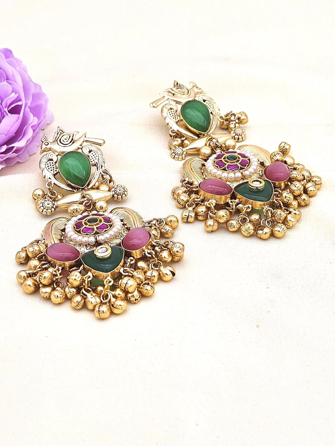 Stunning Antique Gold Light Green Glass-Multi Color Glass Stones-Pearl  Fancy Dangle Earrings