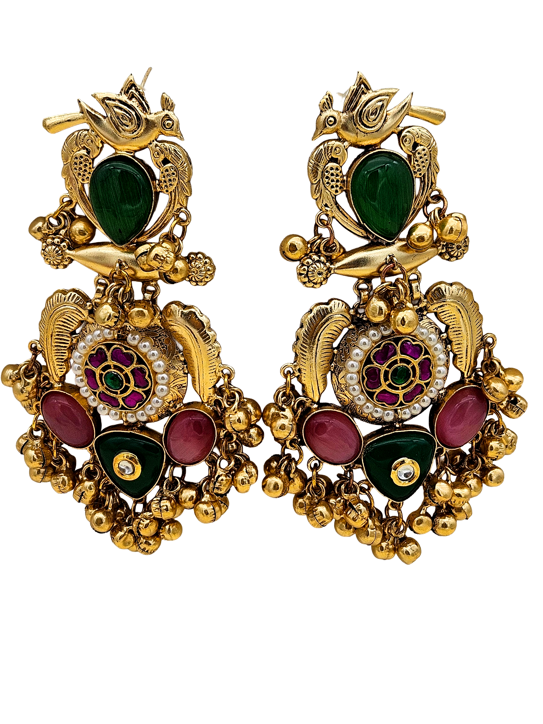 Stunning Antique Gold Light Green Glass-Multi Color Glass Stones-Pearl  Fancy Dangle Earrings