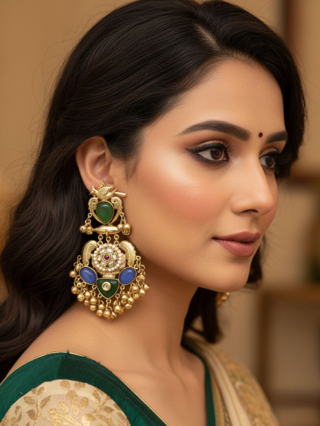 Stunning Antique Gold Green Glass-Multi Color Glass Stones-Pearl  Fancy Dangle Earrings