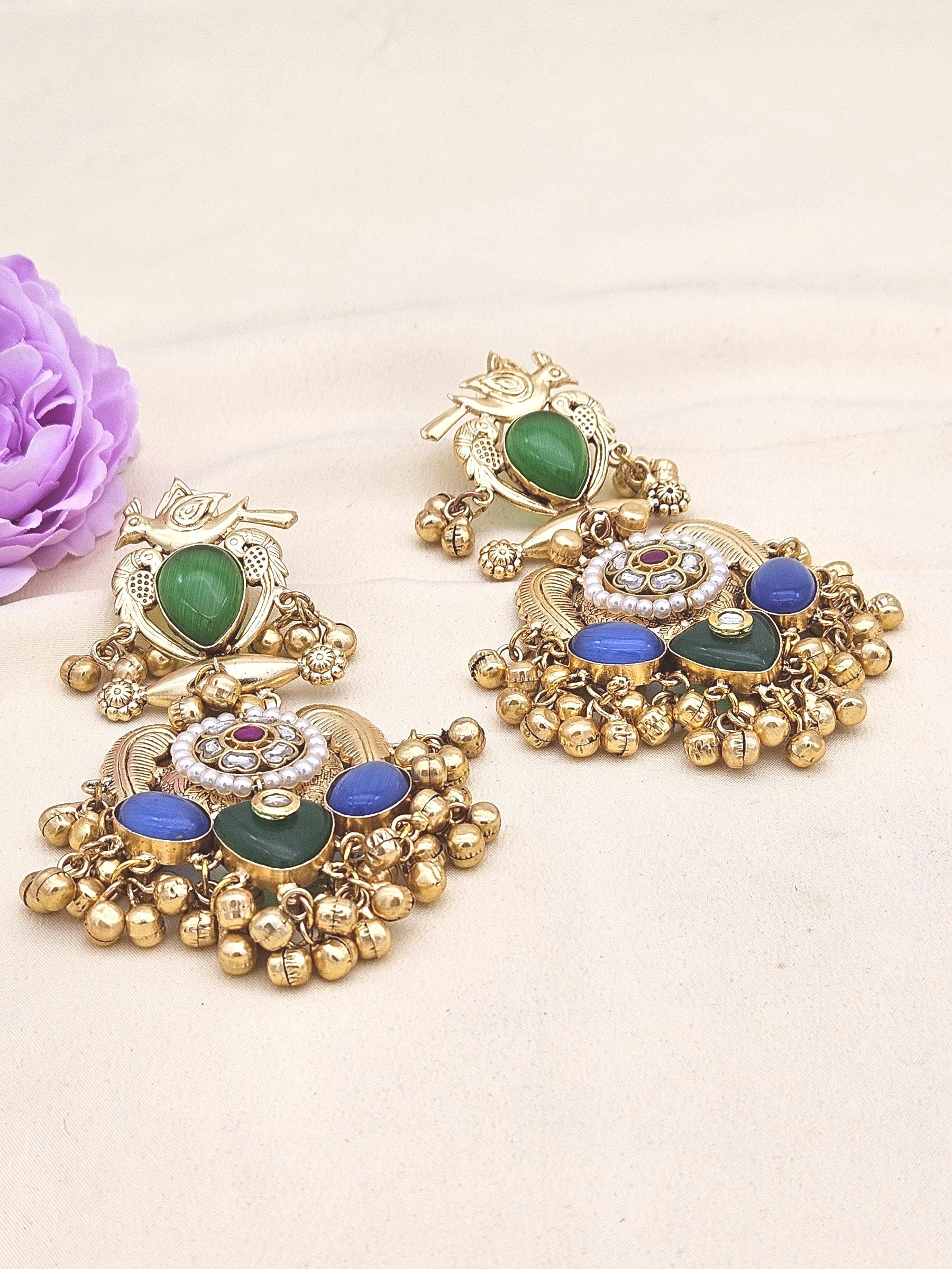 Stunning Antique Gold Green Glass-Multi Color Glass Stones-Pearl  Fancy Dangle Earrings