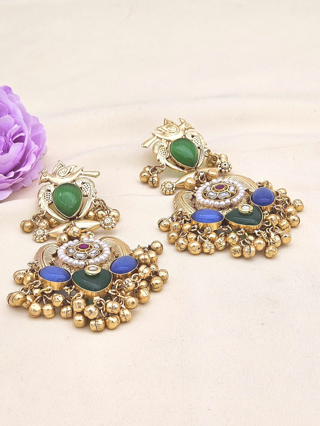 Stunning Antique Gold Green Glass-Multi Color Glass Stones-Pearl  Fancy Dangle Earrings