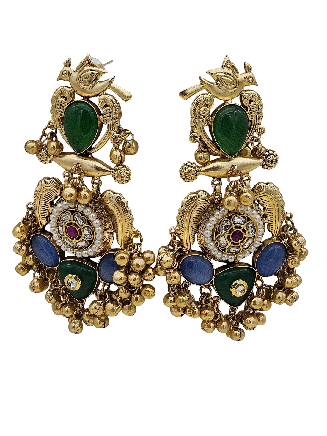 Stunning Antique Gold Green Glass-Multi Color Glass Stones-Pearl  Fancy Dangle Earrings