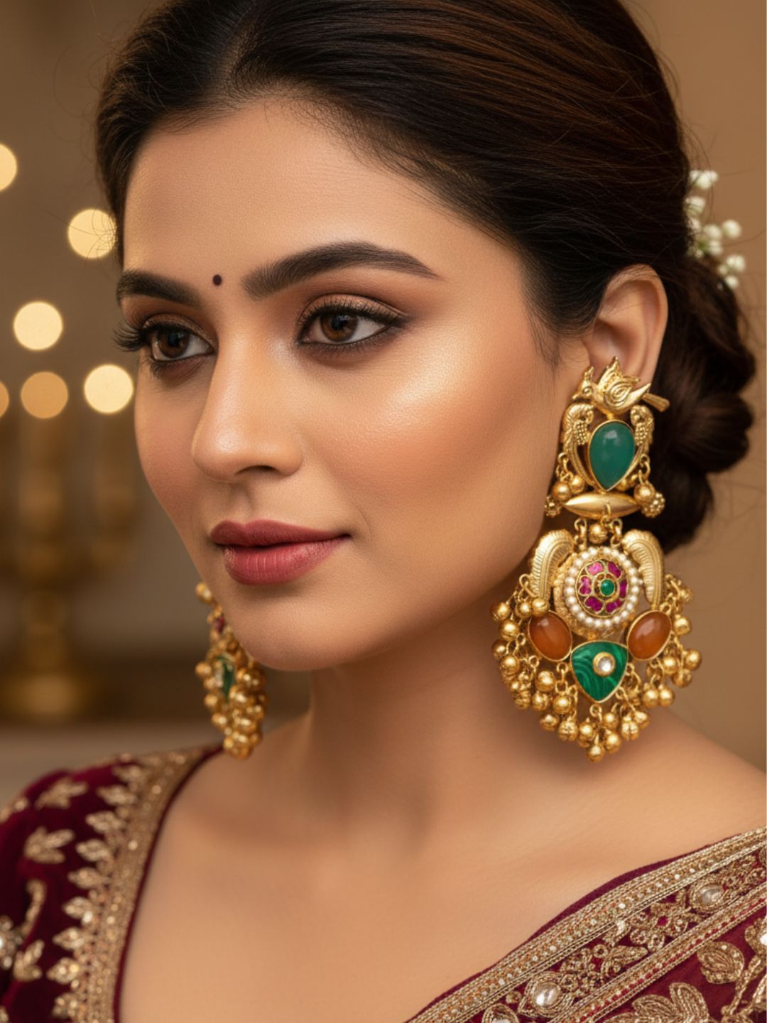 Stunning Antique Gold plated Green-Yellow Onyx & Malachite Stones with Red & Green Glass Motif-Synthetic Polky Fancy Dangle Earrings