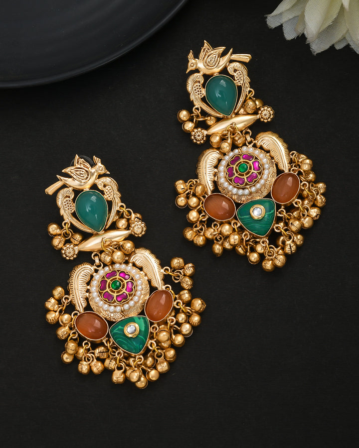 Stunning Antique Gold plated Green-Yellow Onyx & Malachite Stones with Red & Green Glass Motif-Synthetic Polky Fancy Dangle Earrings