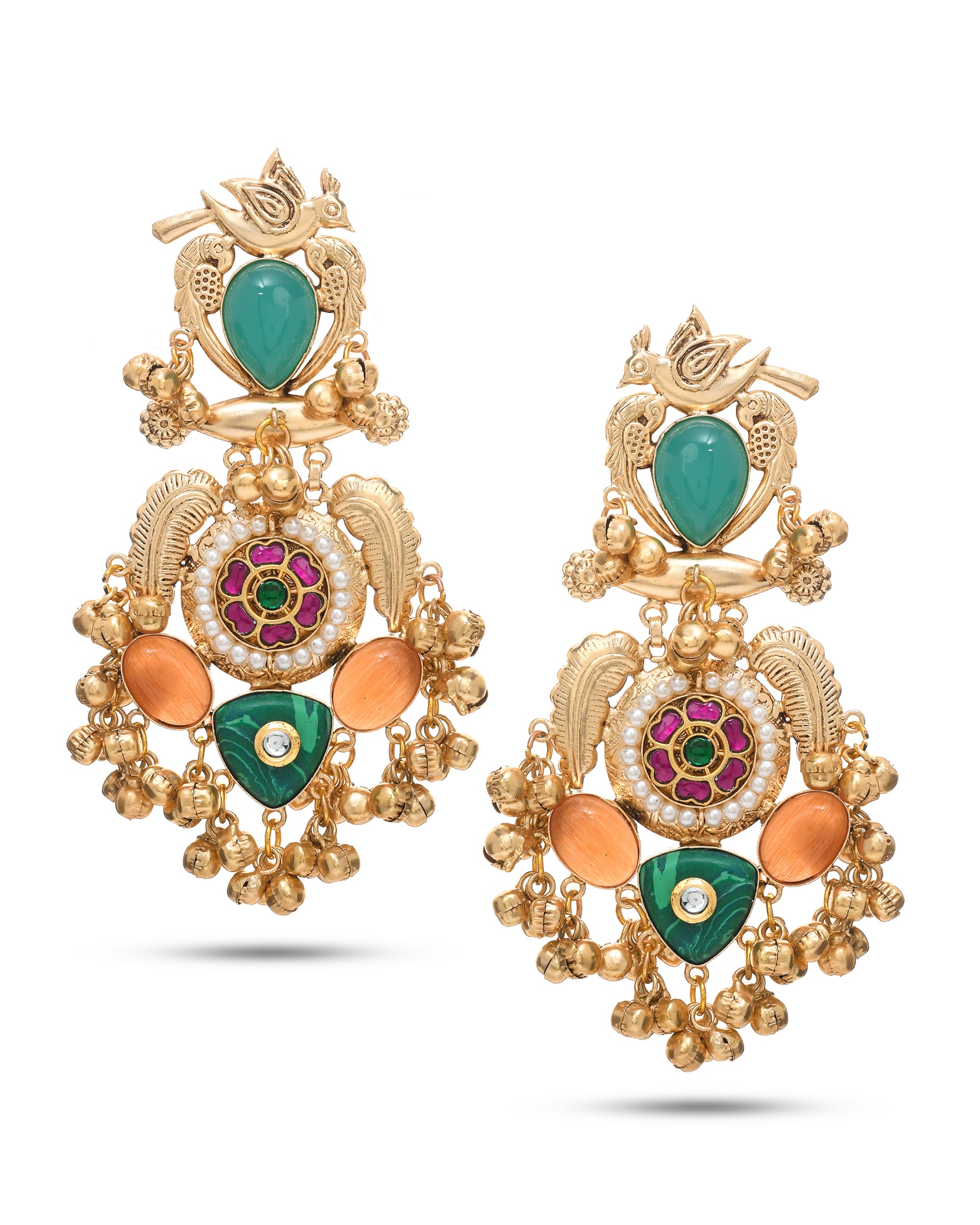 Stunning Antique Gold plated Green-Yellow Onyx & Malachite Stones with Red & Green Glass Motif-Synthetic Polky Fancy Dangle Earrings