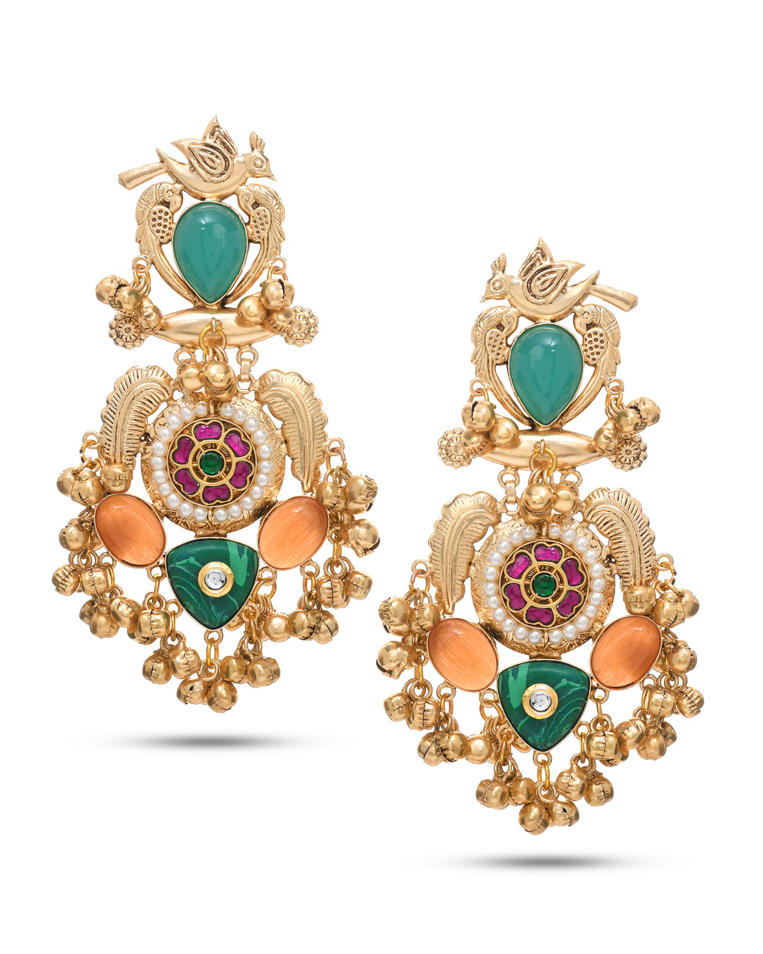 Stunning Antique Gold plated Green-Yellow Onyx & Malachite Stones with Red & Green Glass Motif-Synthetic Polky Fancy Dangle Earrings