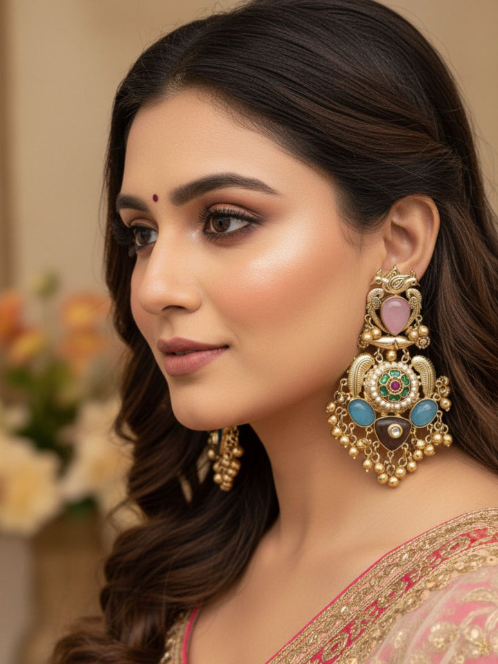 Stunning Antique Gold Pink Monalisa-Multi Color Glass Stones-Pearl  Fancy Dangle Earrings