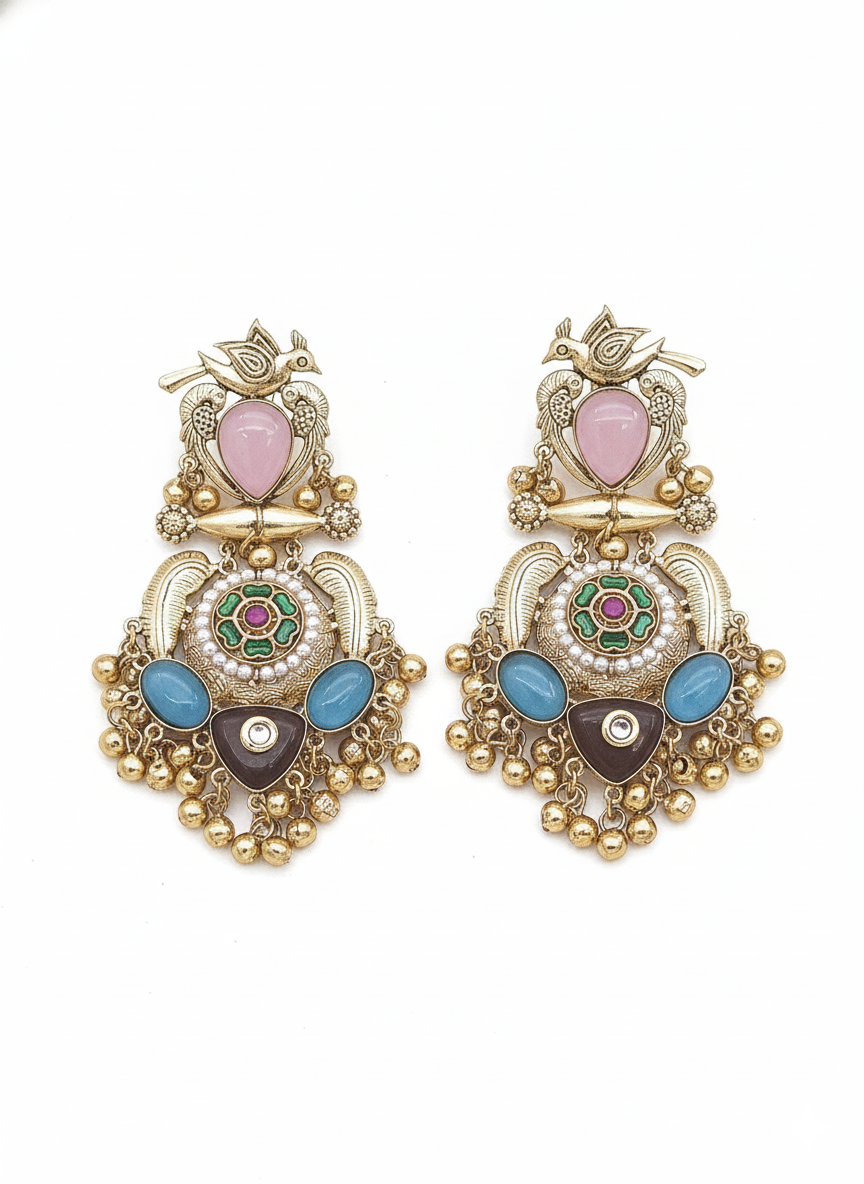 Stunning Antique Gold Pink Monalisa-Multi Color Glass Stones-Pearl  Fancy Dangle Earrings