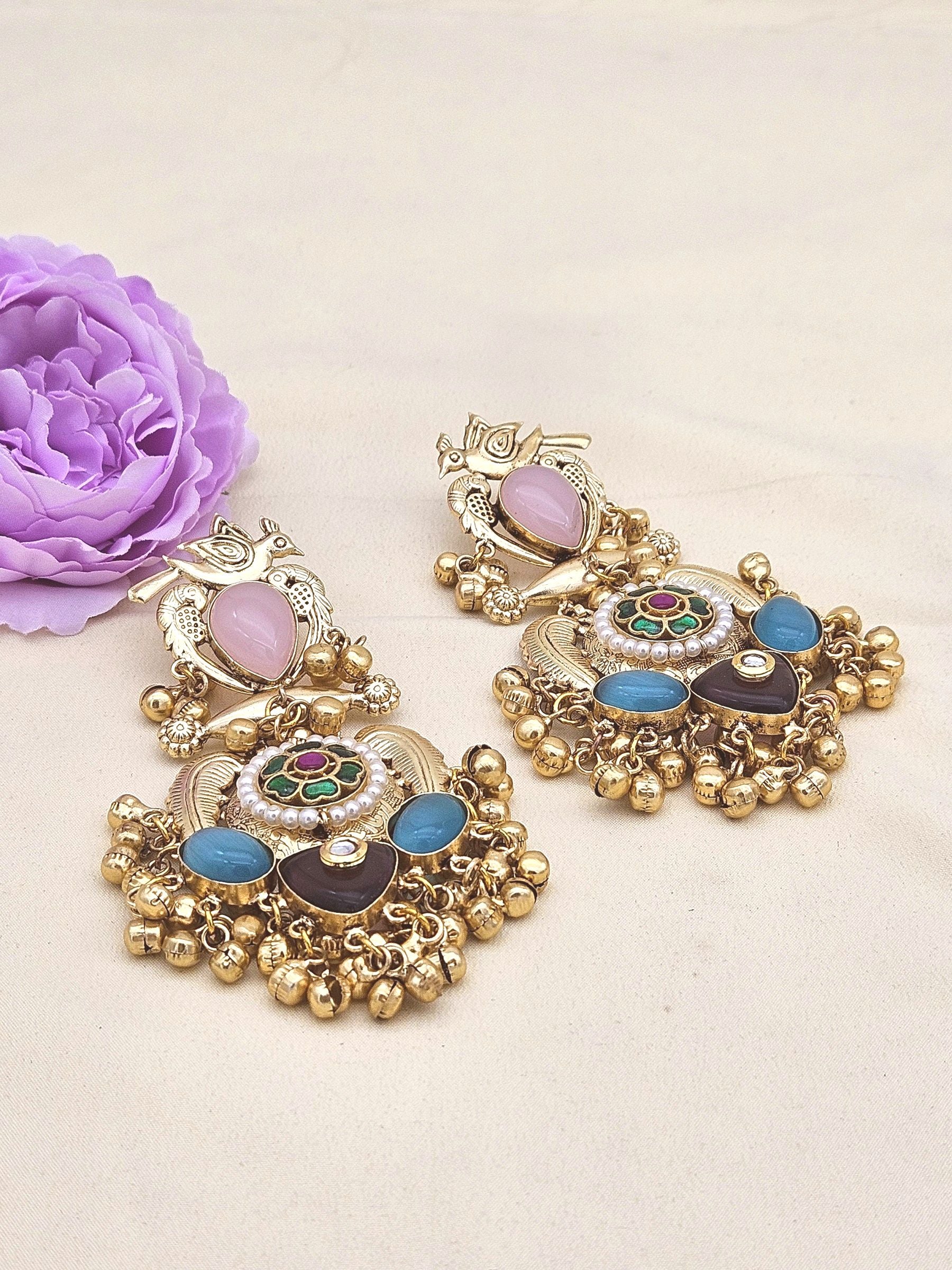 Stunning Antique Gold Pink Monalisa-Multi Color Glass Stones-Pearl  Fancy Dangle Earrings