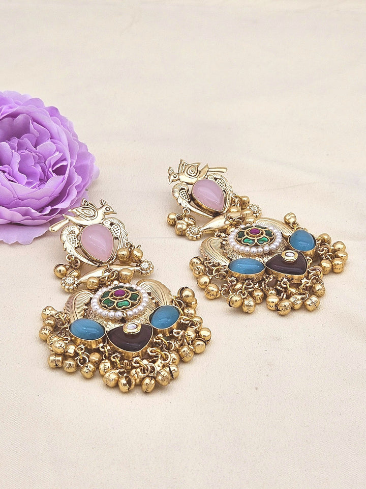 Stunning Antique Gold Pink Monalisa-Multi Color Glass Stones-Pearl  Fancy Dangle Earrings