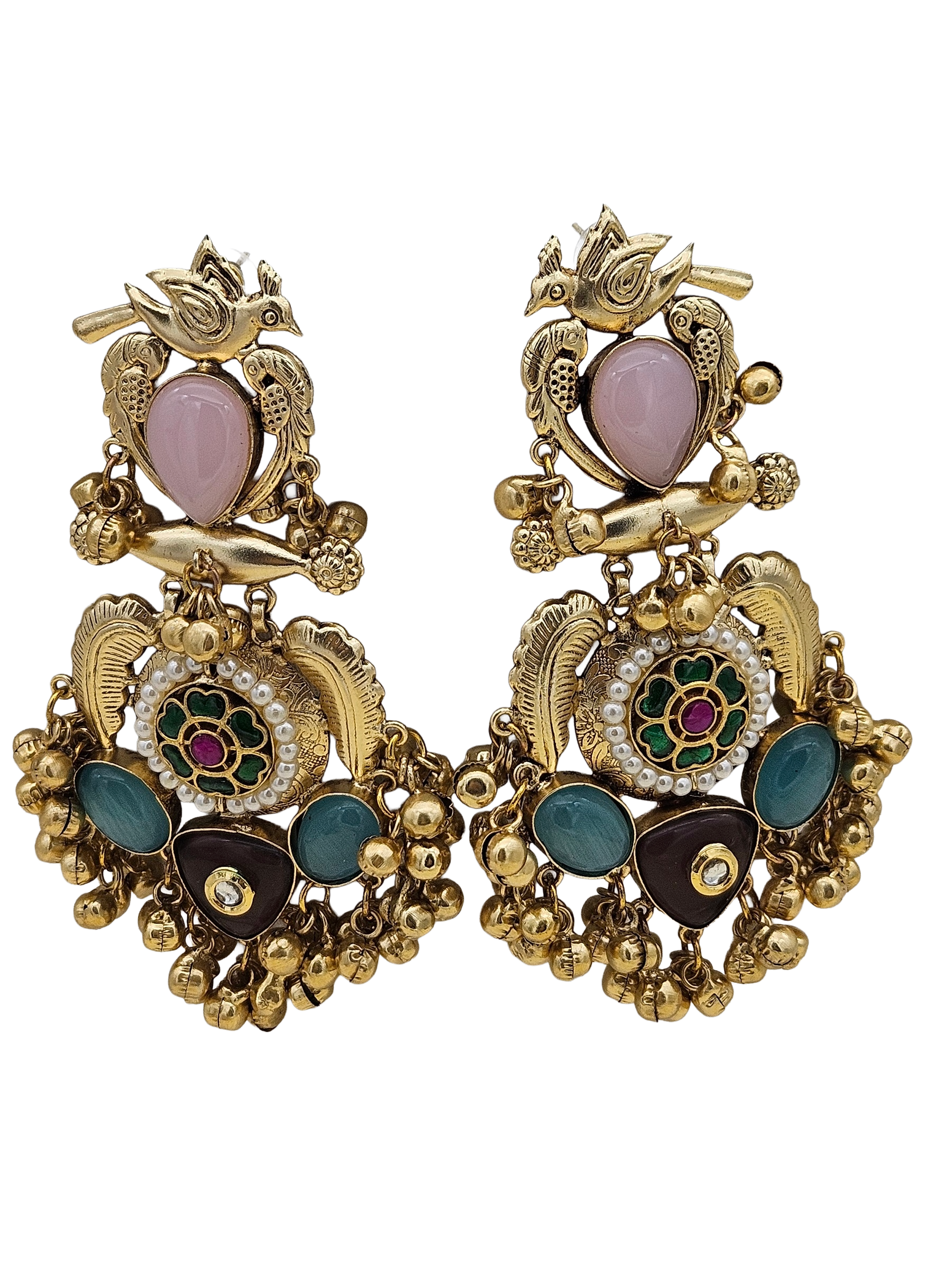 Stunning Antique Gold Pink Monalisa-Multi Color Glass Stones-Pearl  Fancy Dangle Earrings