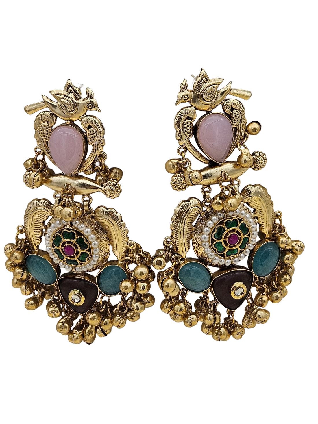 Stunning Antique Gold Pink Monalisa-Multi Color Glass Stones-Pearl  Fancy Dangle Earrings