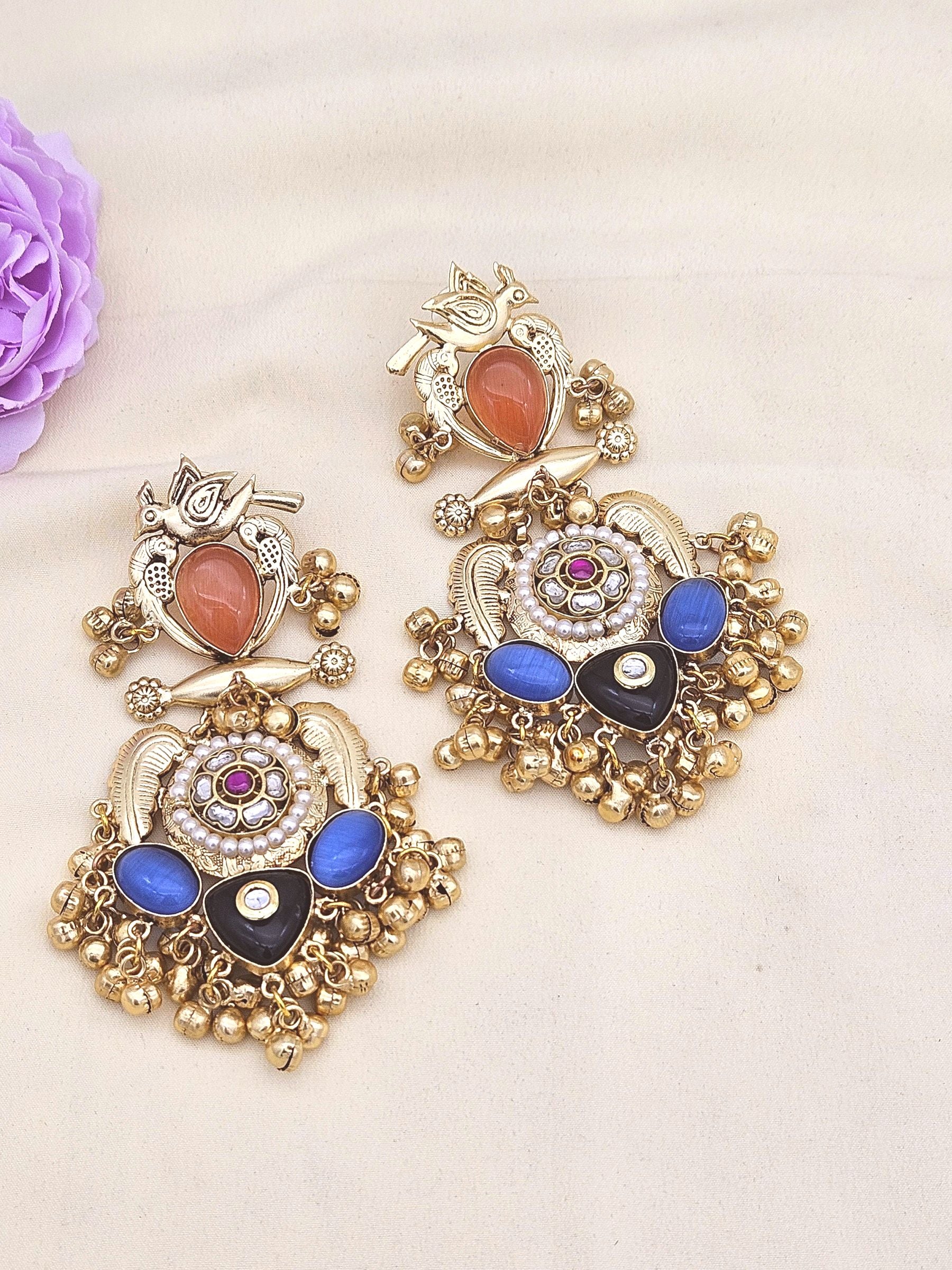 Stunning Antique Gold Yellow Onyx-Multi Color Glass Stones-Pearl  Fancy Dangle Earrings