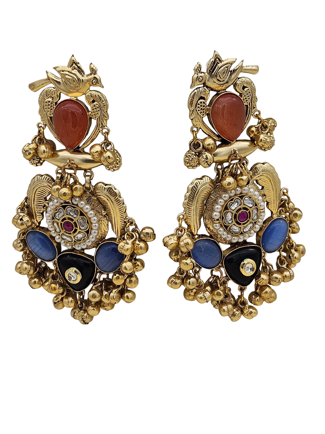 Stunning Antique Gold Yellow Onyx-Multi Color Glass Stones-Pearl  Fancy Dangle Earrings