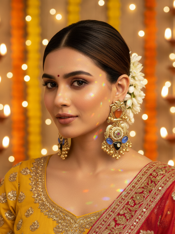 Stunning Antique Gold Yellow Onyx-Multi Color Glass Stones-Pearl  Fancy Dangle Earrings