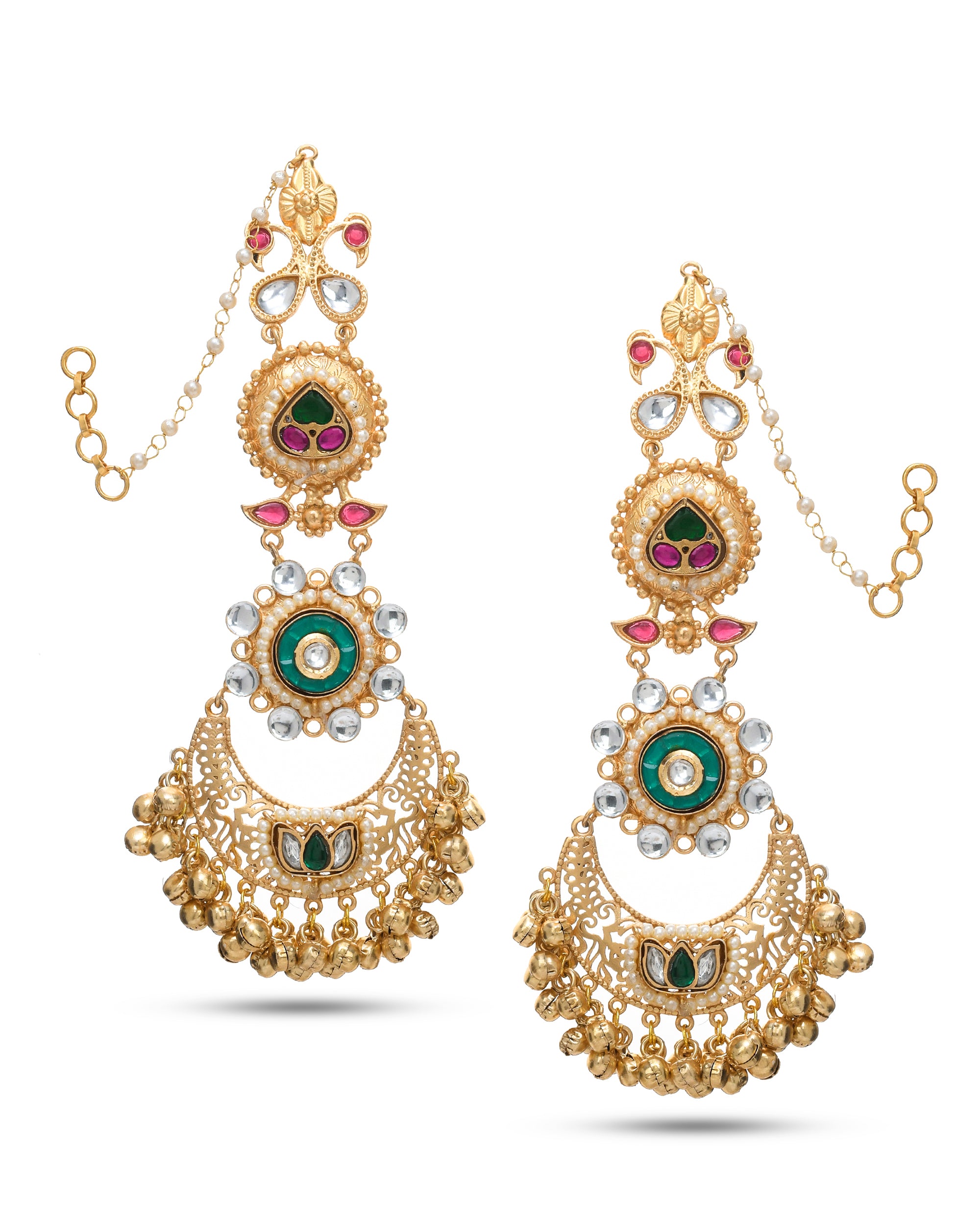 Elegant  Antique Gold Long Kundan-Polky-Green Glass Stone Motif- Pearl Dangle Earring with Ear Chain