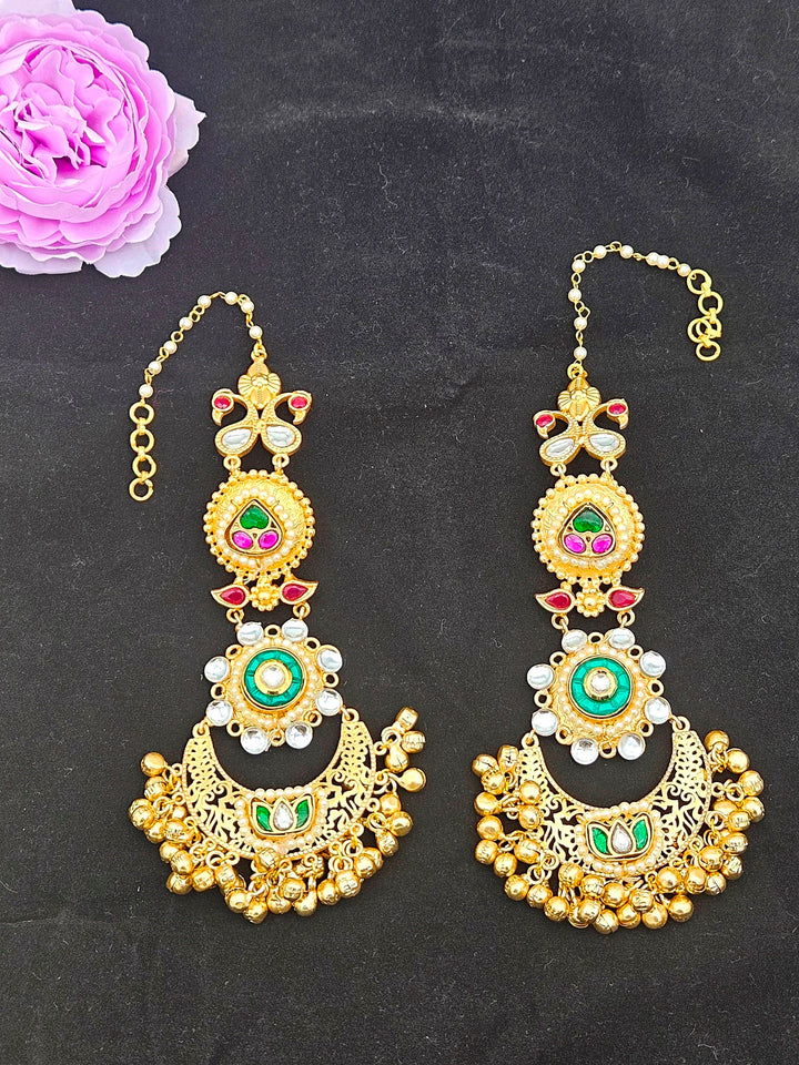 Elegant  Antique Gold Long Kundan-Polky-Green Glass Stone Motif- Pearl Dangle Earring with Ear Chain
