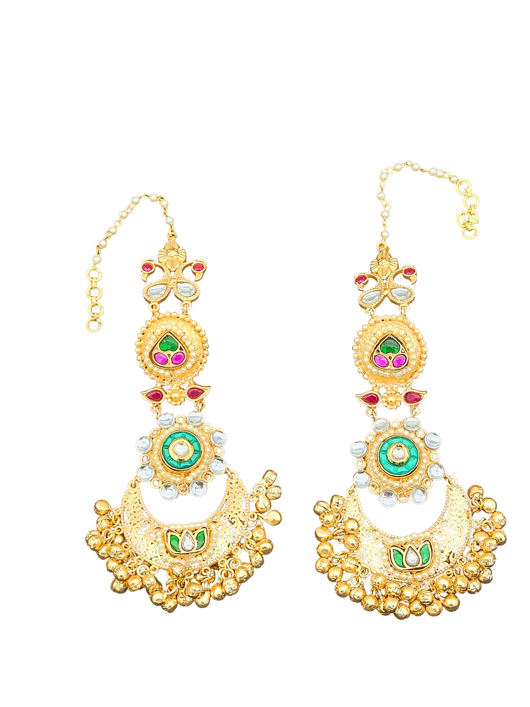 Elegant  Antique Gold Long Kundan-Polky-Green Glass Stone Motif- Pearl Dangle Earring with Ear Chain
