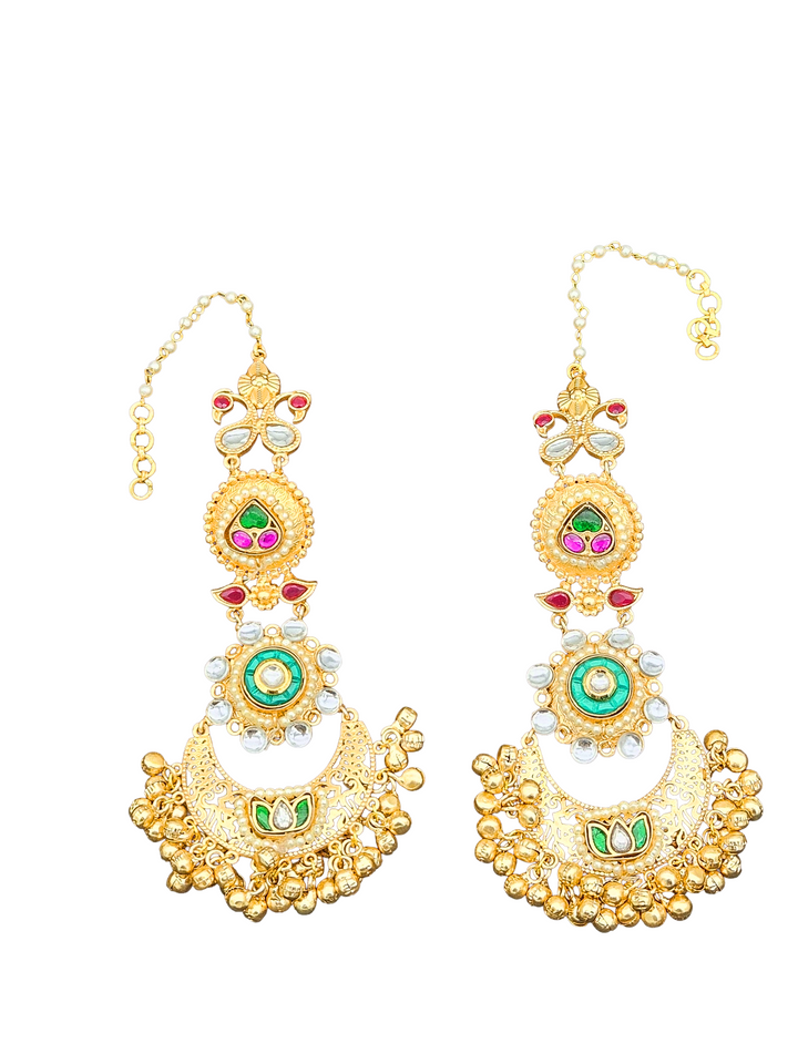 Elegant  Antique Gold Long Kundan-Polky-Green Glass Stone Motif- Pearl Dangle Earring with Ear Chain
