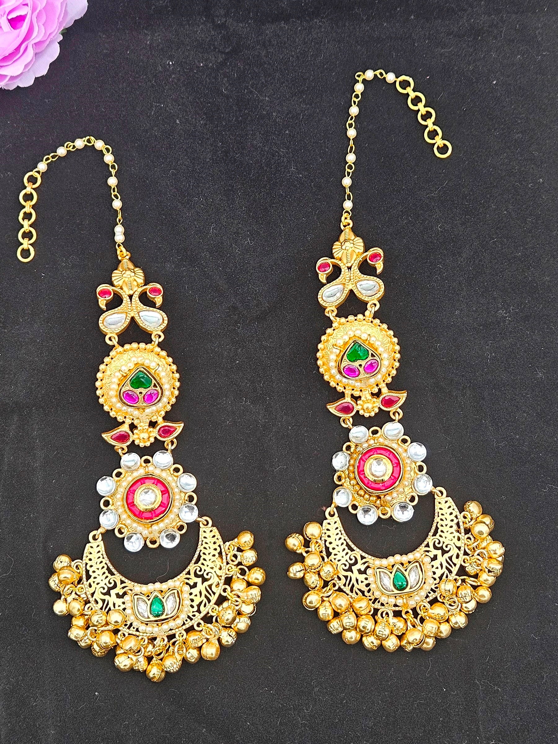 Elegant  Antique Gold Long Kundan-Polky-Red Glass Stone Motif- Pearl Dangle Earring with Ear Chain