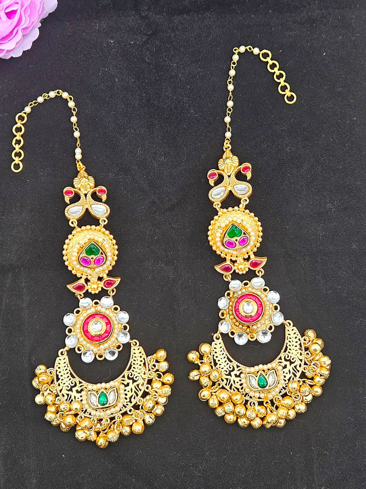 Elegant  Antique Gold Long Kundan-Polky-Red Glass Stone Motif- Pearl Dangle Earring with Ear Chain