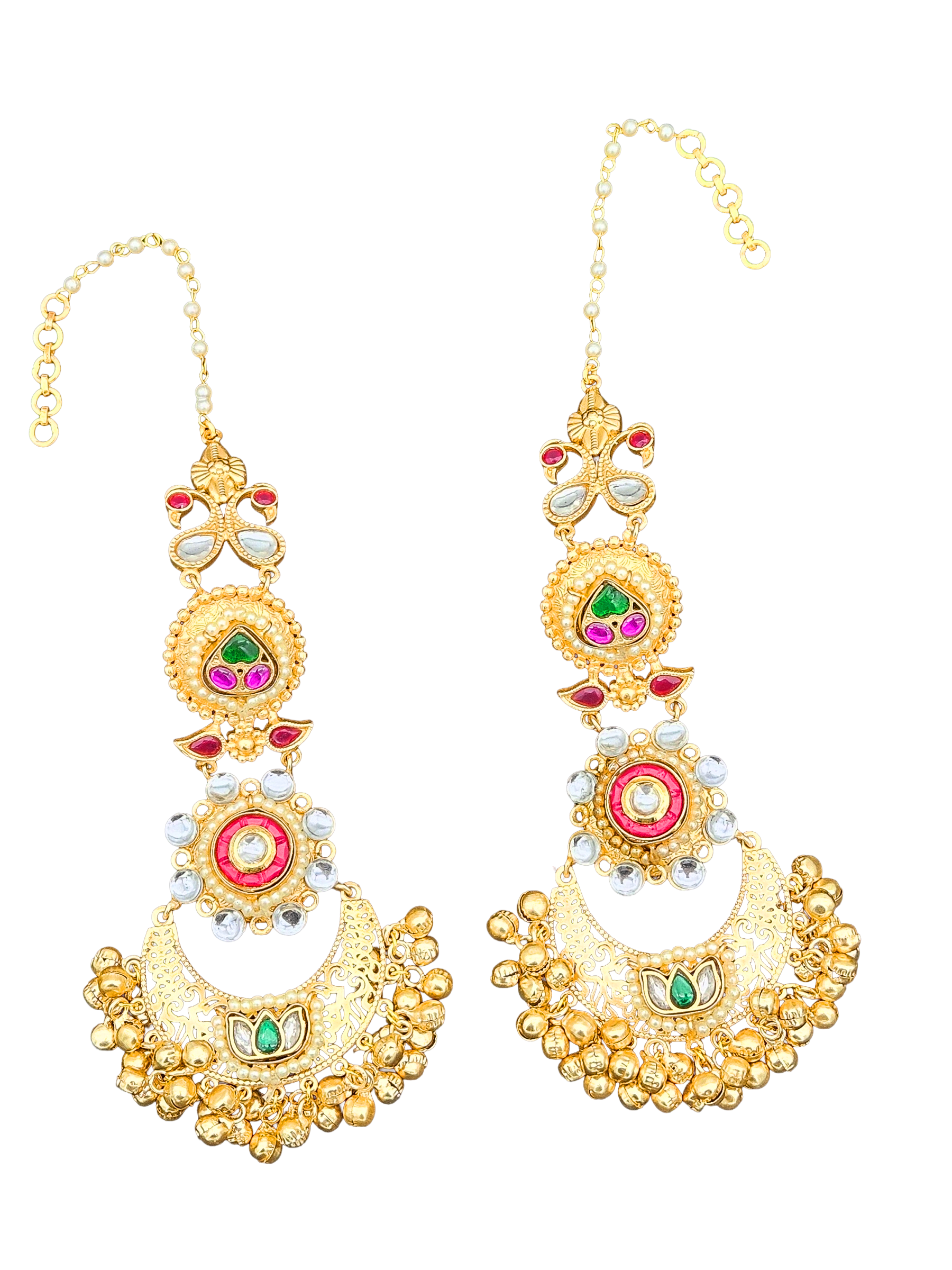 Elegant  Antique Gold Long Kundan-Polky-Red Glass Stone Motif- Pearl Dangle Earring with Ear Chain