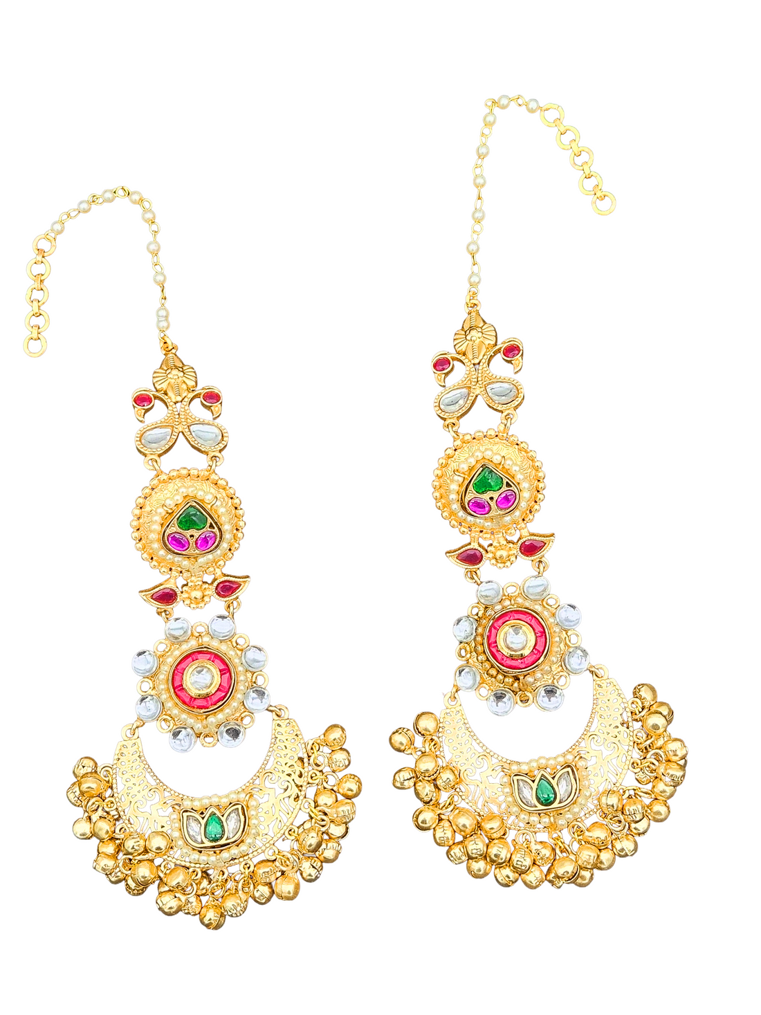 Elegant  Antique Gold Long Kundan-Polky-Red Glass Stone Motif- Pearl Dangle Earring with Ear Chain