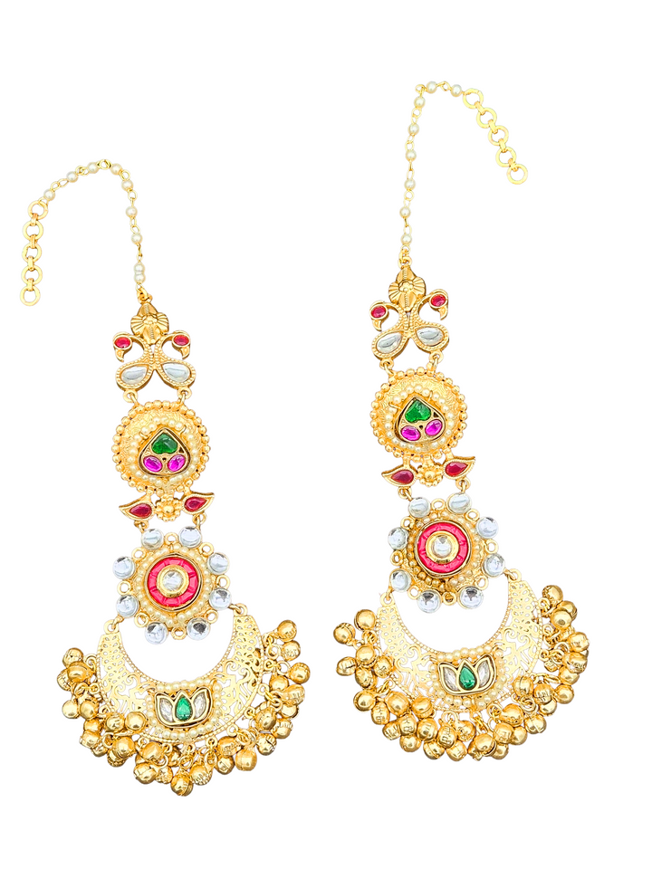 Elegant  Antique Gold Long Kundan-Polky-Red Glass Stone Motif- Pearl Dangle Earring with Ear Chain