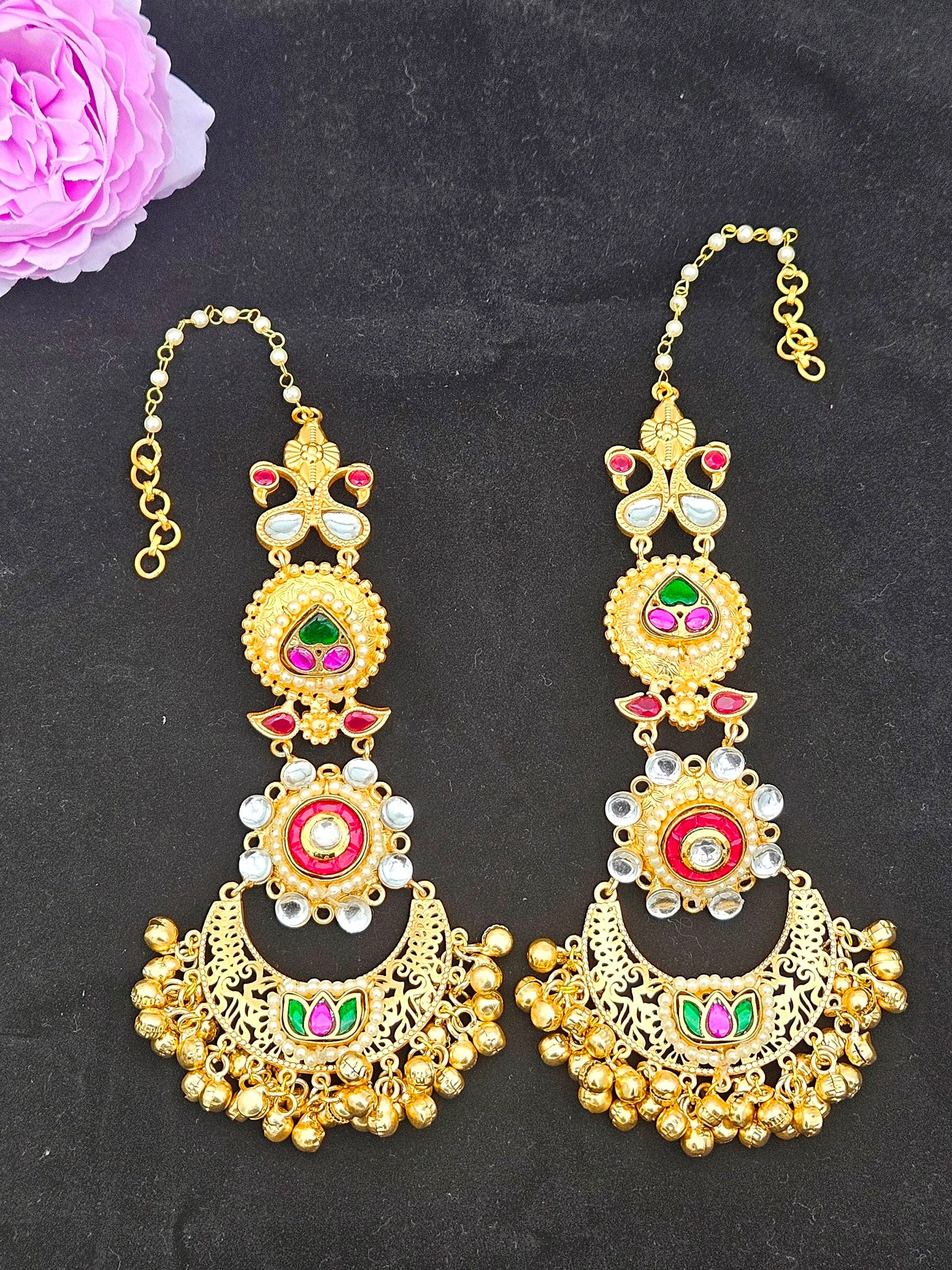 Elegant  Antique Gold Long Kundan-Polky-Red Glass Stone Motif- Pearl Dangle Earring with Ear Chain