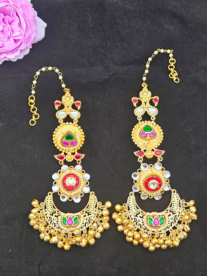 Elegant  Antique Gold Long Kundan-Polky-Red Glass Stone Motif- Pearl Dangle Earring with Ear Chain