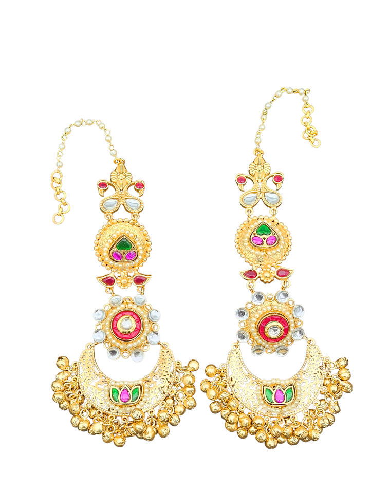 Elegant  Antique Gold Long Kundan-Polky-Red Glass Stone Motif- Pearl Dangle Earring with Ear Chain