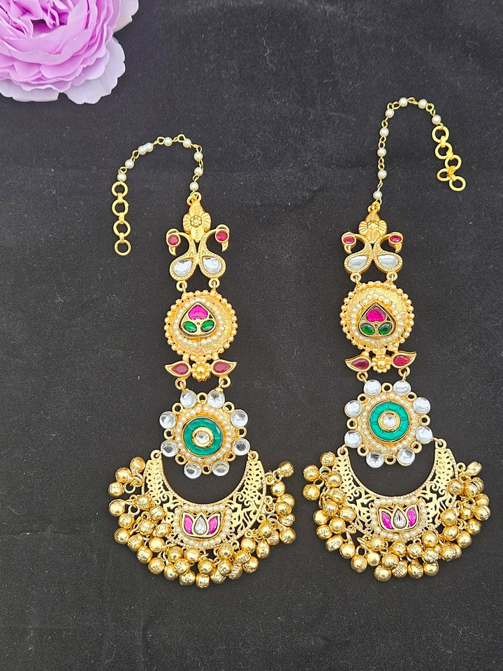 Elegant  Antique Gold Long Kundan-Polky-Green Glass Stone Motif- Pearl Dangle Earring with Ear Chain