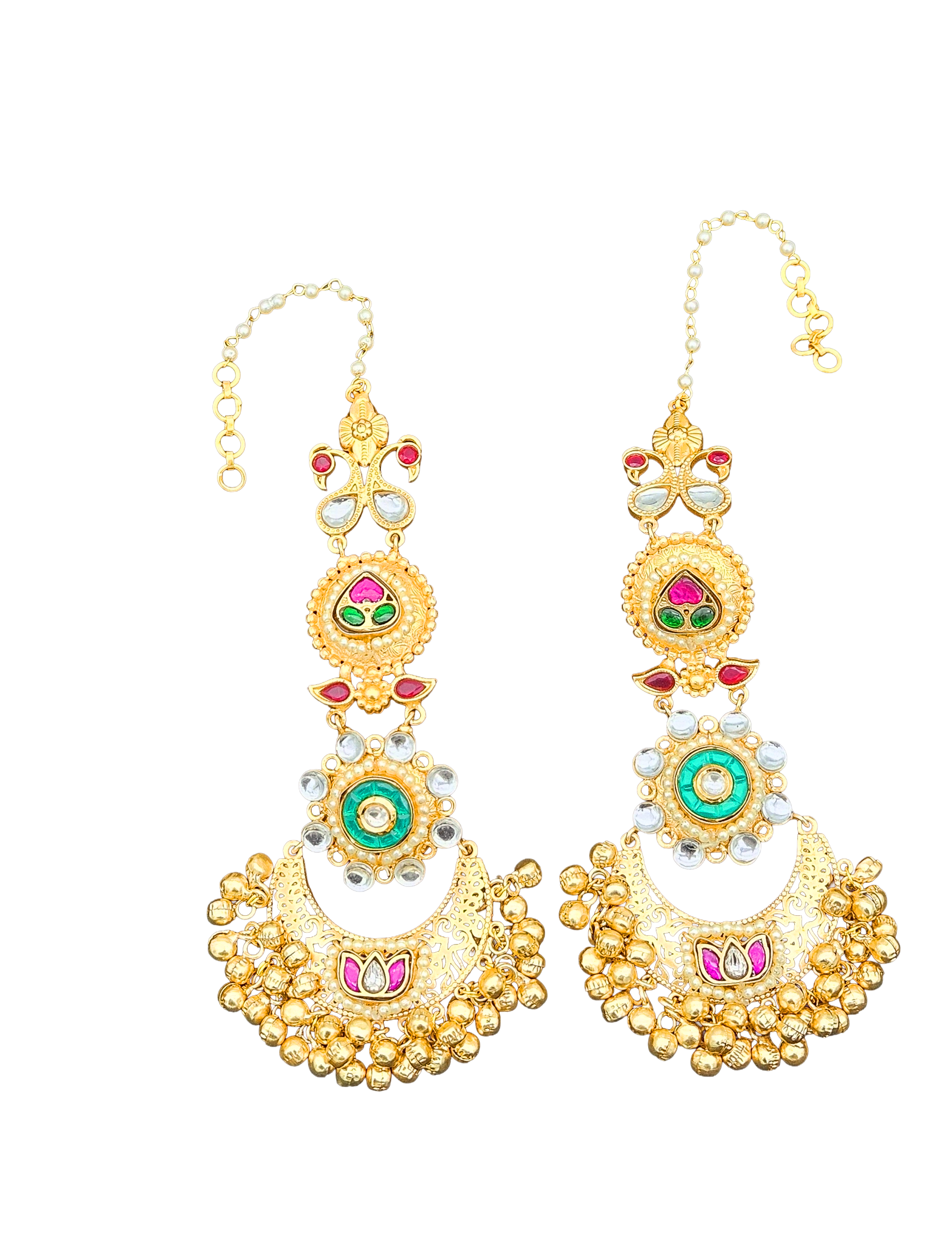 Elegant  Antique Gold Long Kundan-Polky-Green Glass Stone Motif- Pearl Dangle Earring with Ear Chain