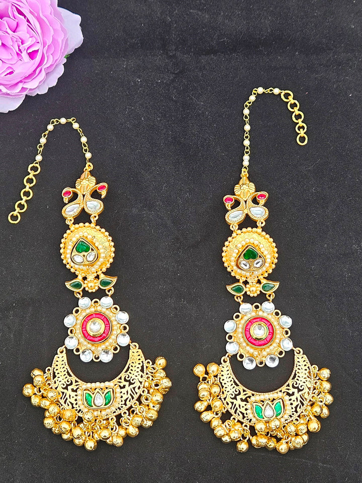 Elegant  Antique Gold Long Kundan-Polky-Red Glass Stone Motif- Pearl Dangle Earring with Ear Chain