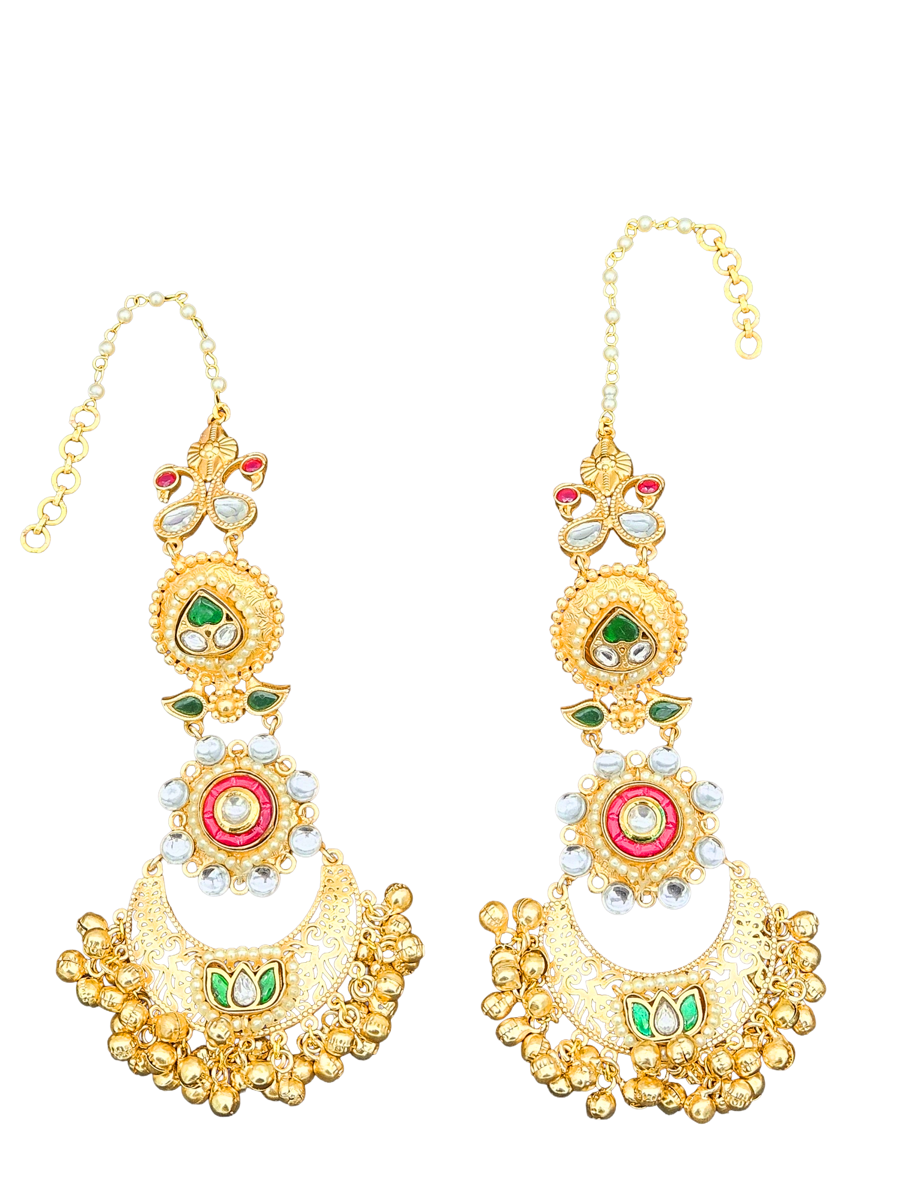 Elegant  Antique Gold Long Kundan-Polky-Red Glass Stone Motif- Pearl Dangle Earring with Ear Chain