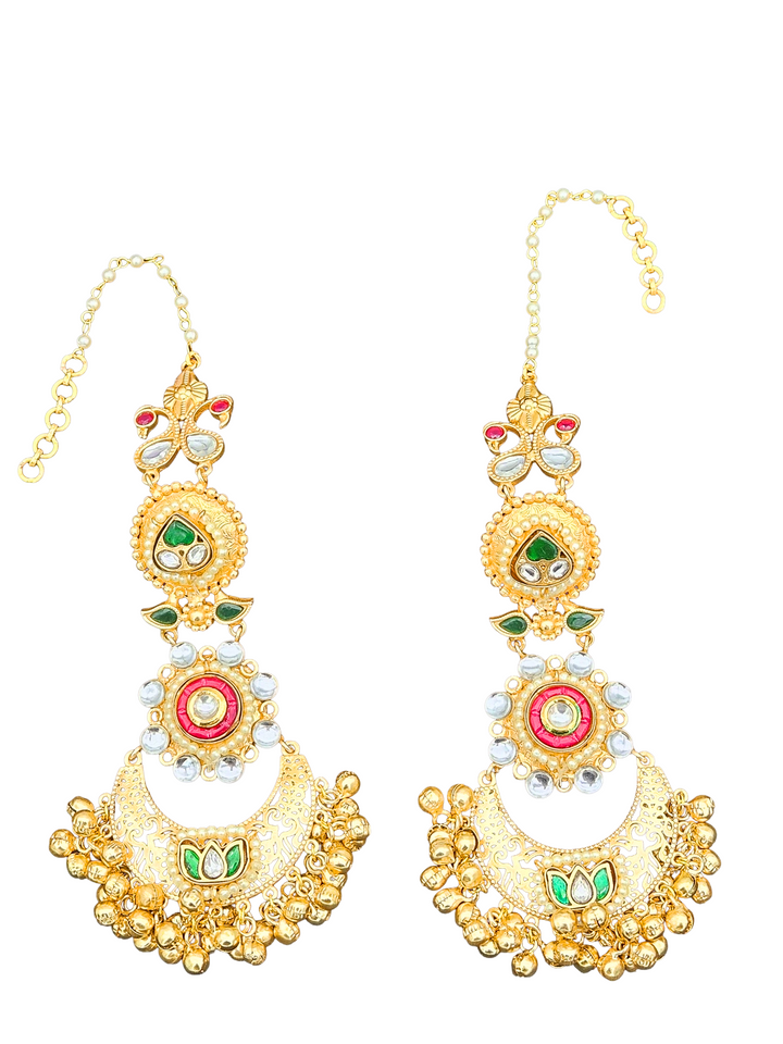 Elegant  Antique Gold Long Kundan-Polky-Red Glass Stone Motif- Pearl Dangle Earring with Ear Chain