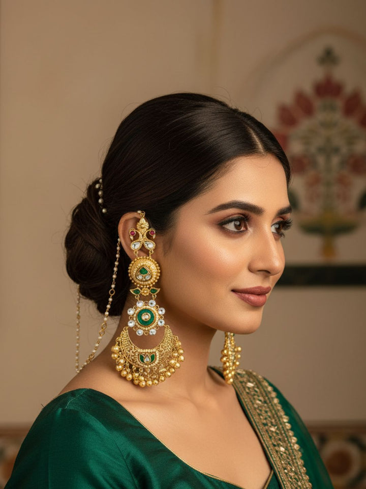 Elegant  Antique Gold Long Kundan-Polky-Green Glass Stone Motif- Pearl Dangle Earring with Ear Chain