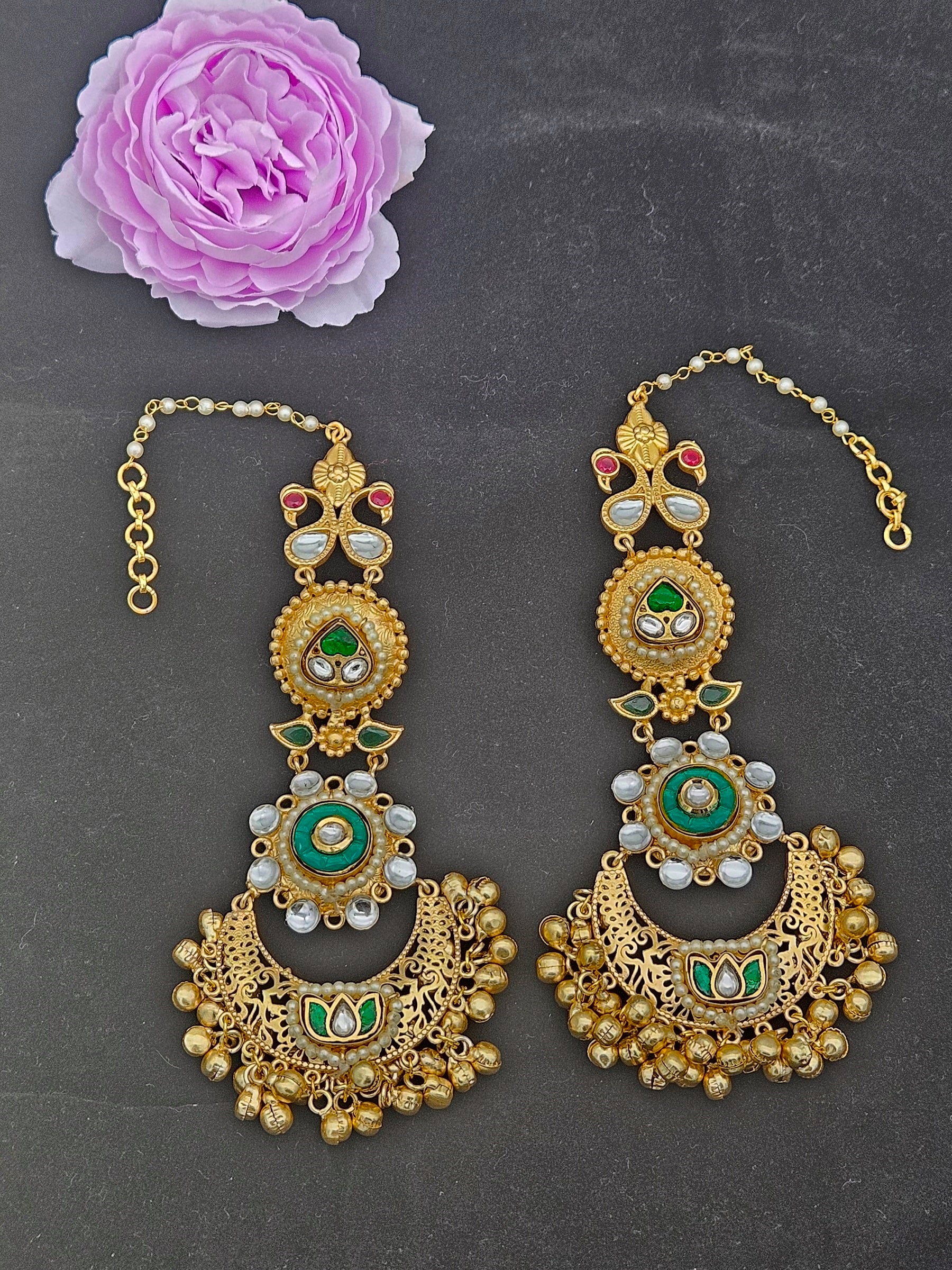 Elegant  Antique Gold Long Kundan-Polky-Green Glass Stone Motif- Pearl Dangle Earring with Ear Chain