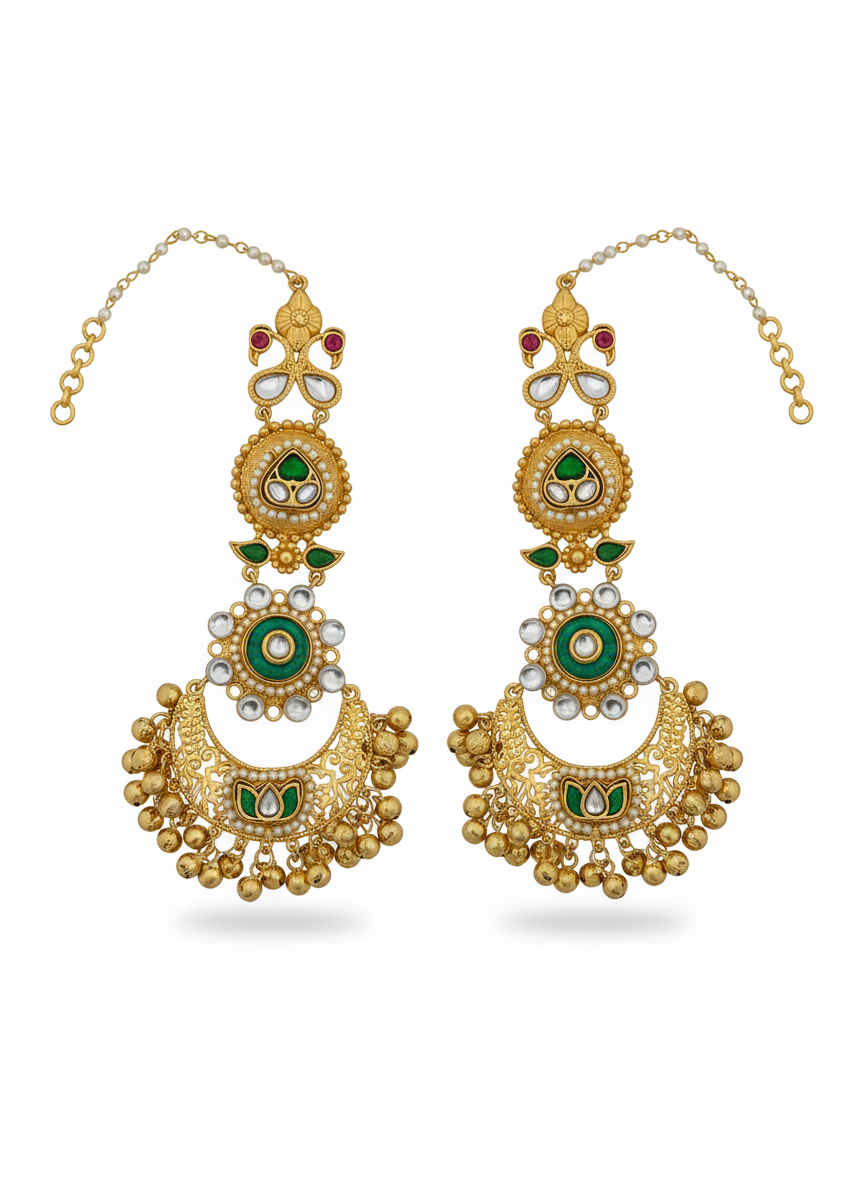 Elegant  Antique Gold Long Kundan-Polky-Green Glass Stone Motif- Pearl Dangle Earring with Ear Chain