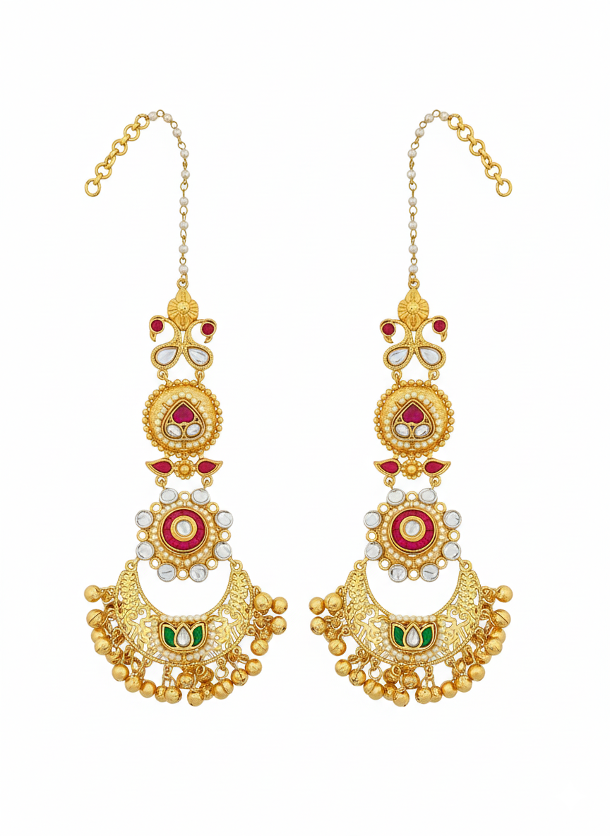 Elegant  Antique Gold Long Kundan-Polky-Red Glass Stone Motif- Pearl Dangle Earring with Ear Chain