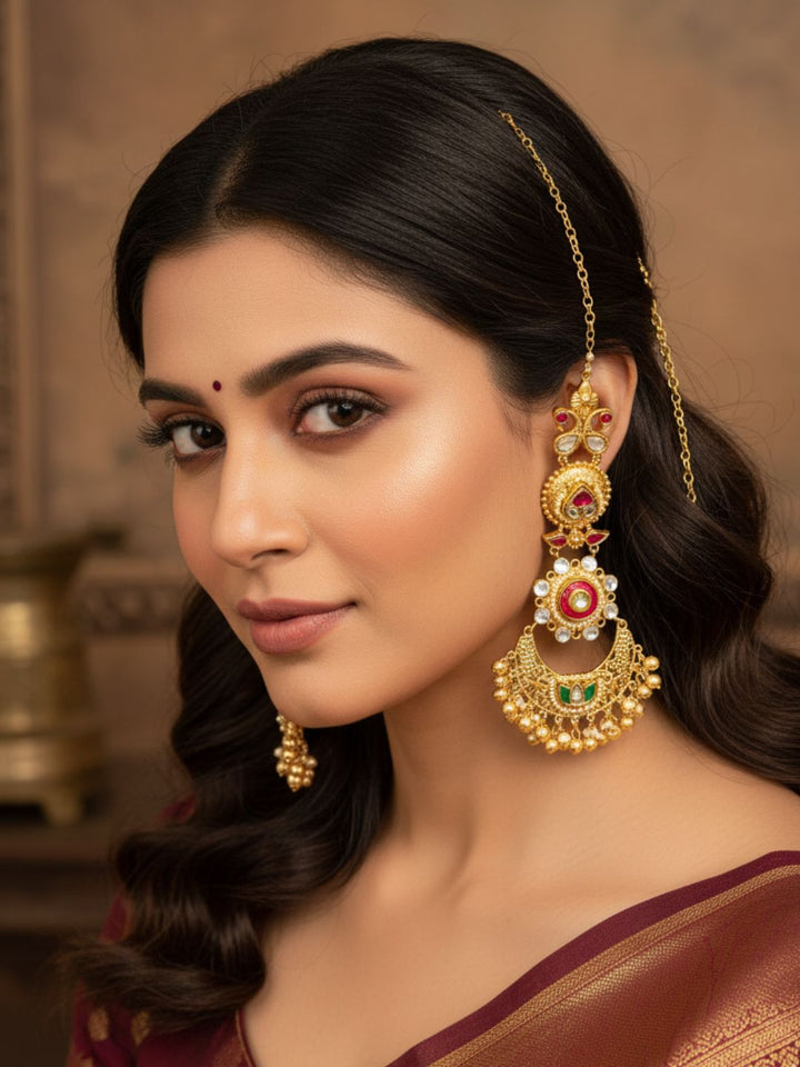 Elegant  Antique Gold Long Kundan-Polky-Red Glass Stone Motif- Pearl Dangle Earring with Ear Chain