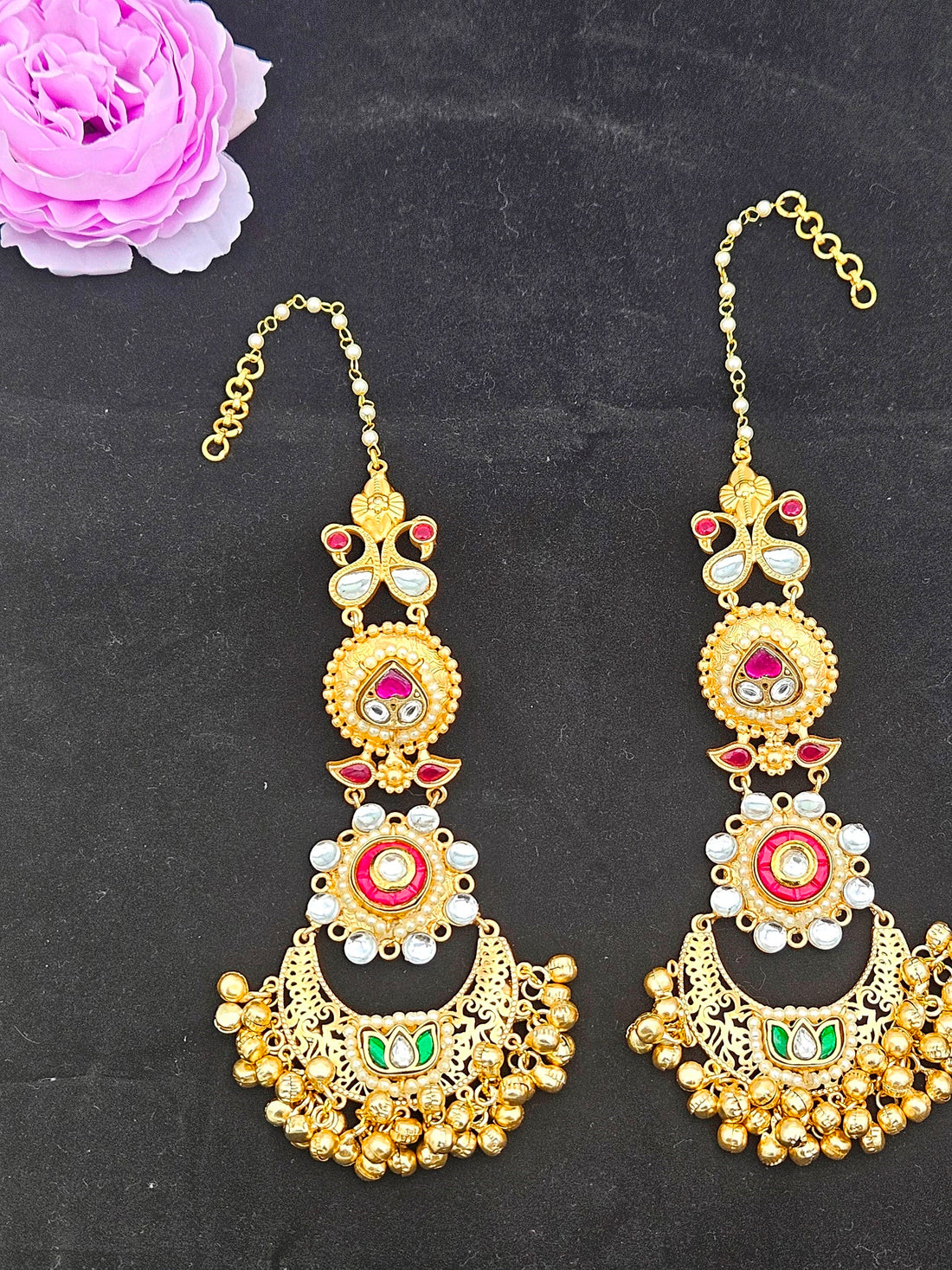 Elegant  Antique Gold Long Kundan-Polky-Red Glass Stone Motif- Pearl Dangle Earring with Ear Chain