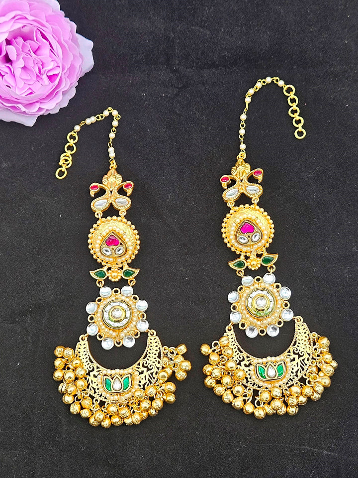 Elegant  Antique Gold Long Kundan-Polky-White Crystal  Stone Motif- Pearl Dangle Earring with Ear Chain
