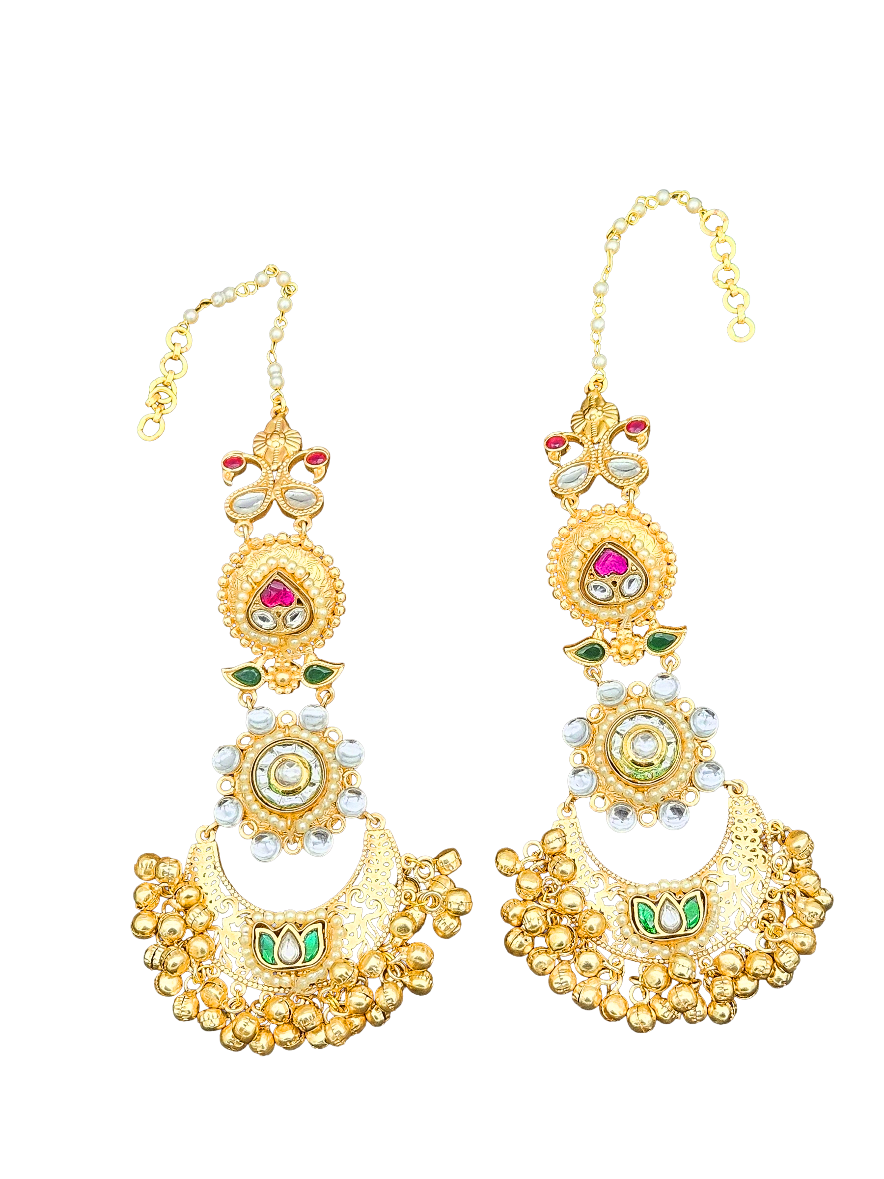 Elegant  Antique Gold Long Kundan-Polky-White Crystal  Stone Motif- Pearl Dangle Earring with Ear Chain