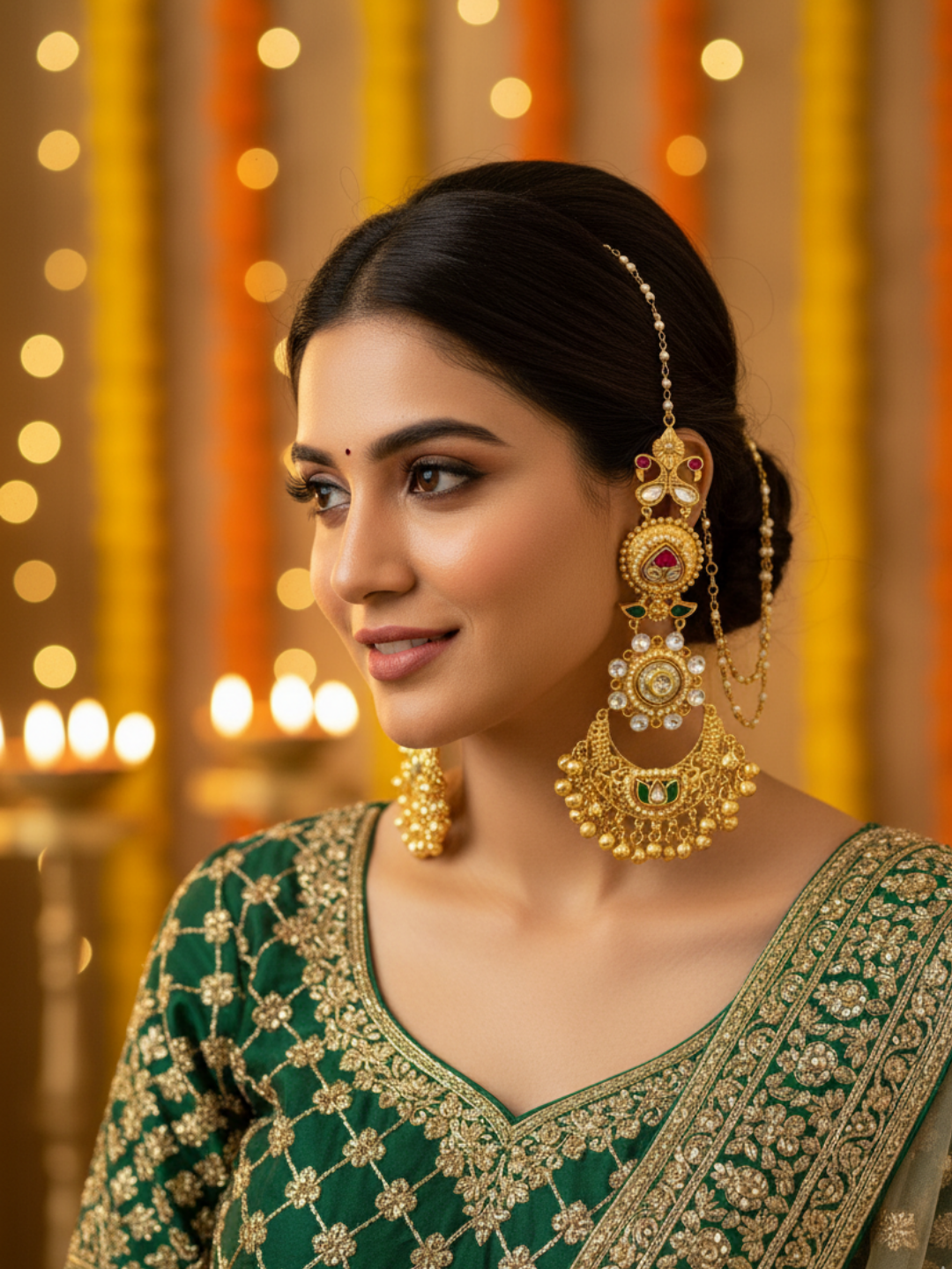 Elegant  Antique Gold Long Kundan-Polky-White Crystal  Stone Motif- Pearl Dangle Earring with Ear Chain