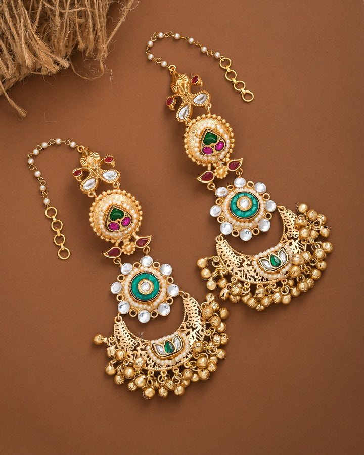 Elegant  Antique Gold Long Kundan-Polky-Green Glass Stone Motif- Pearl Dangle Earring with Ear Chain