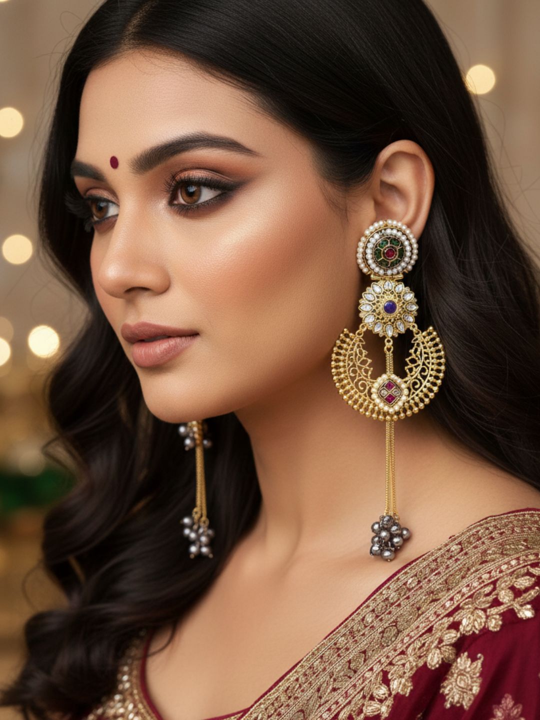 Awesome Antique Gold plated Synthetic polky-Green-Red Glass Stone Motif with Blue-Red Stone-Pearl Fancy Dangle Drop Earrings